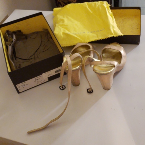 Cynthia Vincent Metallic Lame Cherry Strap Heels Open Toe Org. $325 - Picture 2 of 7